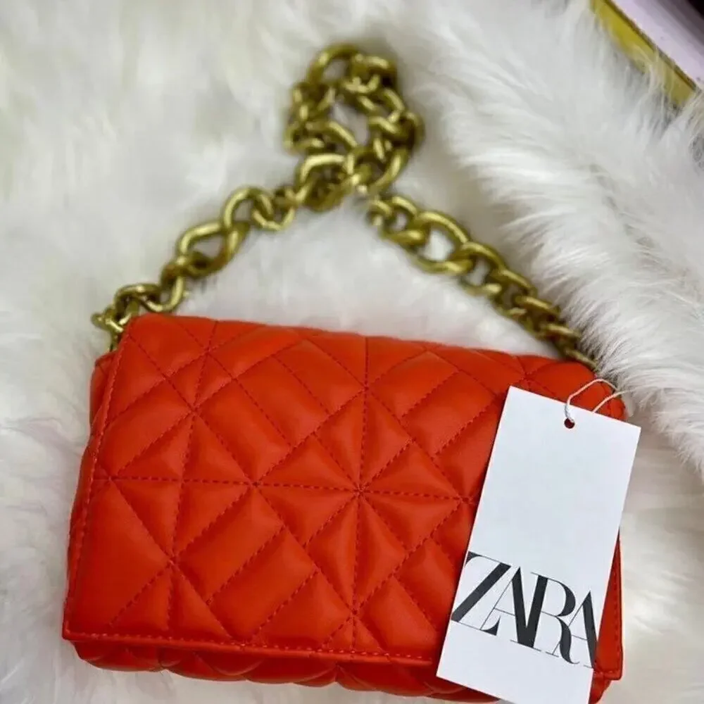 ZARA Coral Orange Quilted Chain Shoulder Bag NWT Gold Chain Purse OS